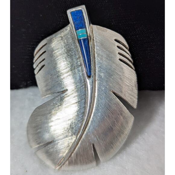 Michael Kirk Designs Lapis lazuli and Turquoise SS Leaf pattern pin/pendant - Picture 2 of 9